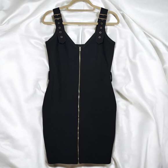 Venus Black Bandage Bodycon Dress Woman Medium Gold Zipper Detail Buckle Strap - Picture 1 of 13